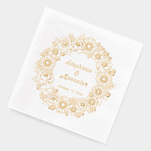 Zonnebloemen, pioenen, vergeet me niet krans bruil folie servetten (Links)