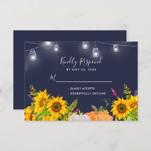 Zonnebloemen pompoen string lichten rustieke bruil RSVP kaartje (Voorkant / Achterkant)
