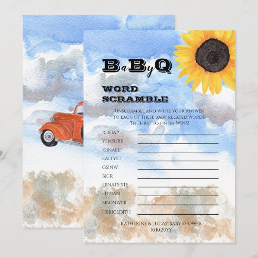 Zonnebloemen | Pompoenen Baby shower Word Scramble Kaart (Voorkant / Achterkant)