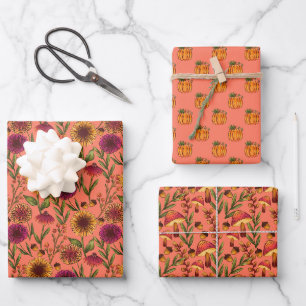 Zonnebloemen, pompoenen en paddenstoelen op Coral Inpakpapier Vel