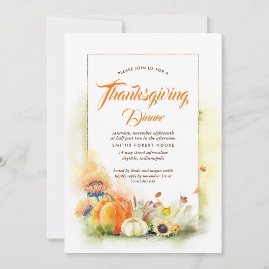 Zonnebloemen Pompoenen Herfst Thanksgiving Diner Kaart (Voorkant)