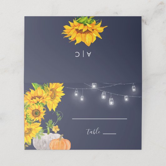 Zonnebloemen pompoenen monogram rustieke bruiloft plaatskaartje (Buitenkant ongevouwen)