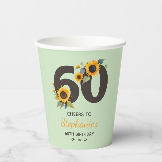Zonnebloemen Proost aan 60e Verjaardag Paper Cups Papieren Bekers (Voorkant)