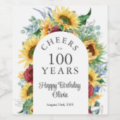 Zonnebloemen Proost op 100 Jaar Verjaardag Wijn Etiket (Enkel label)