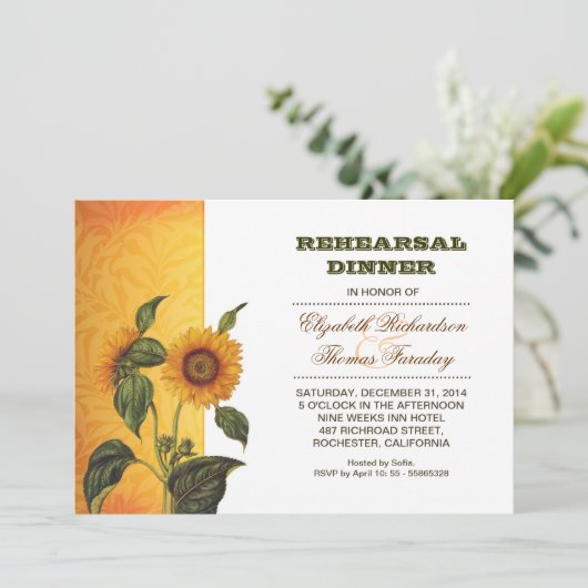 Zonnebloemen repetitie diner uitnodiging (Staand voorkant)