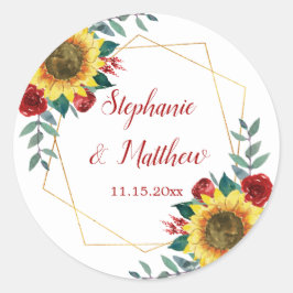 Zonnebloemen Rode Bloemen Geometrische Bruiloft Ronde Sticker