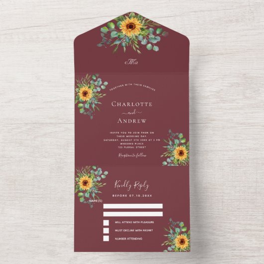 Zonnebloemen rode rode wijn met eucalyptus-rode br all in one uitnodiging (Binnen)