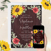 Zonnebloemen Rode rozen lichten hout bruiloft Kaart