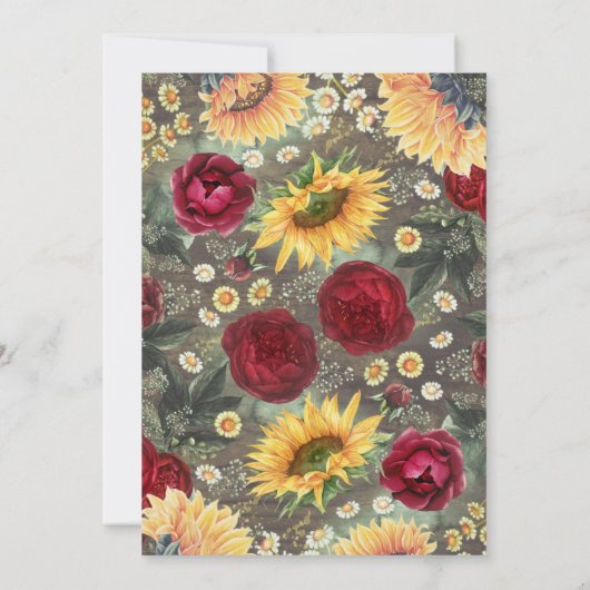 Zonnebloemen rode rozen madeliefjes rustieke bruil kaart (Achterkant)