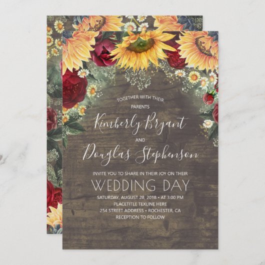 Zonnebloemen rode rozen madeliefjes rustieke bruil kaart (Voorkant / Achterkant)