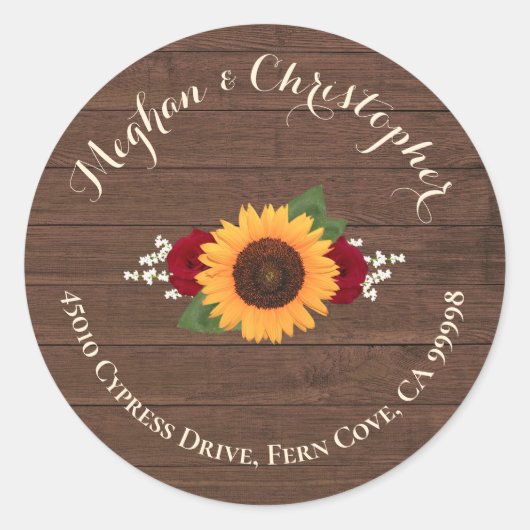 Zonnebloemen rode rozen retour adres envelop afdic ronde sticker (Voorkant)