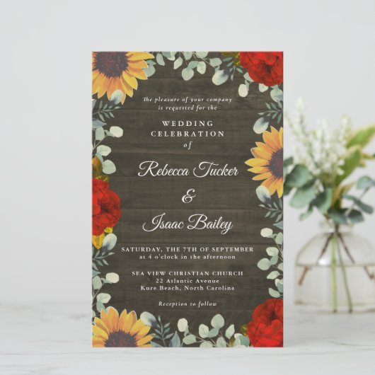 Zonnebloemen rode rozen Rustic Grey Budget Weddens (Staand voorkant)