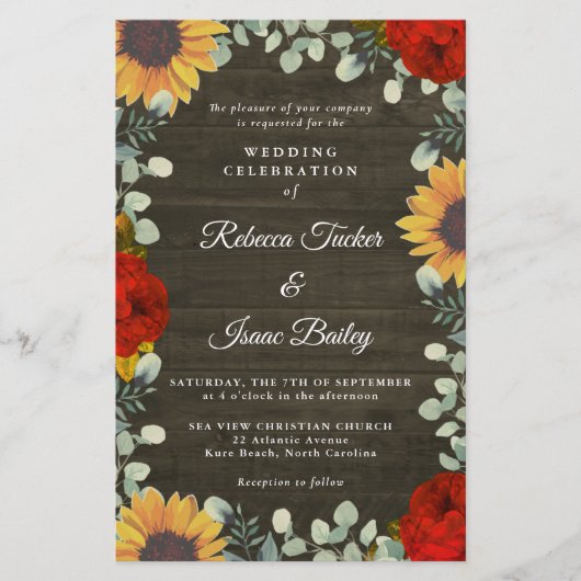 Zonnebloemen rode rozen Rustic Grey Budget Weddens (Voorkant)