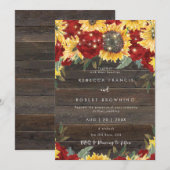 Zonnebloemen rode rozen schuur bruiloft uitnodigin kaart (Voorkant / Achterkant)