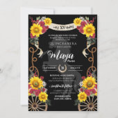 Zonnebloemen Rode rozen Zwarte Charro Quinceanera Kaart (Voorkant)