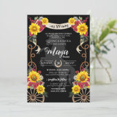 Zonnebloemen Rode rozen Zwarte Charro Quinceanera Kaart (Staand voorkant)