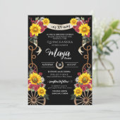 Zonnebloemen Rode rozen Zwarte Charro Quinceanera  Kaart (Staand voorkant)