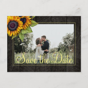 Zonnebloemen roestige schuur hout save the date br aankondigingskaart