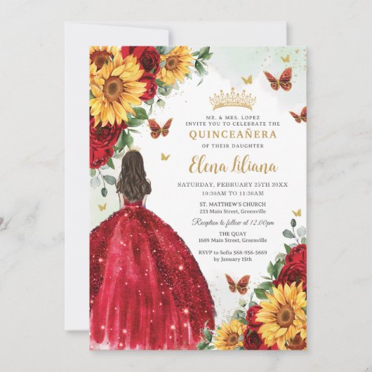 Zonnebloemen Rood Bloemen Jurk Quinceañera Sweet 1 Kaart (Voorkant)