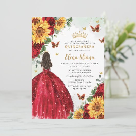 Zonnebloemen Rood Bloemen Jurk Quinceañera Sweet 1 Kaart (Staand voorkant)