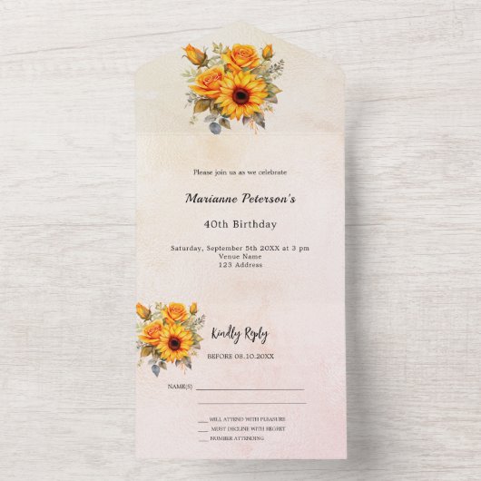 Zonnebloemen roos gouden verjaardag RSVP All In One Uitnodiging (Binnen)