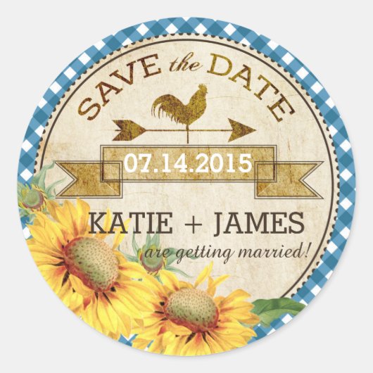 Zonnebloemen Rooster Rustic Save the Date Label (Voorkant)