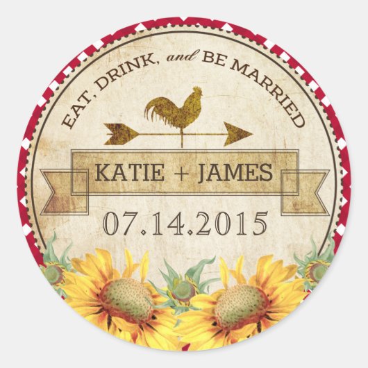 Zonnebloemen Rooster Rustiek Bruiloft Label (Voorkant)