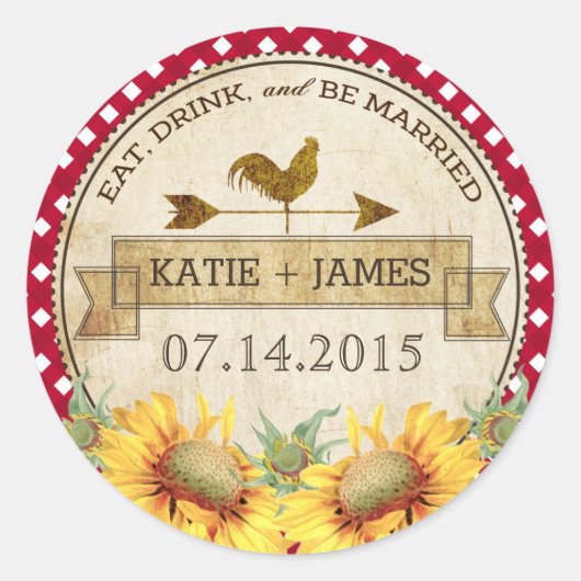 Zonnebloemen Rooster Rustiek Bruiloft Label (Voorkant)