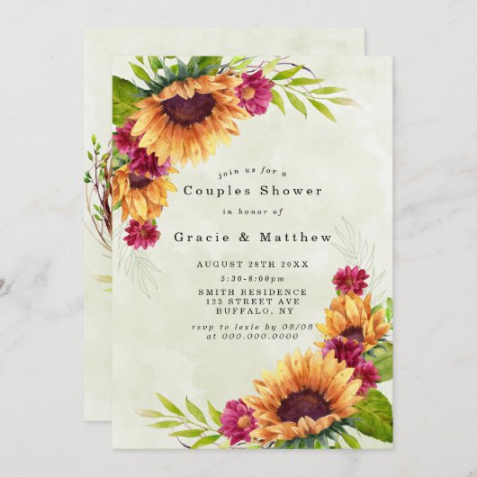 Zonnebloemen Roze Florals Couples Shower Invitatio (Voorkant / Achterkant)