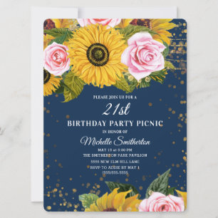 Zonnebloemen Roze Rozen Goud Glitters 21e Verjaard Kaart