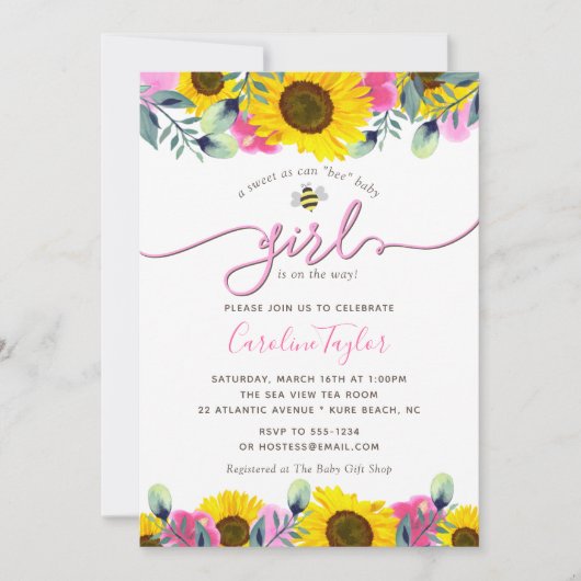 Zonnebloemen Roze Rozen Sweet Bee Meisje Baby show Kaart (Voorkant)