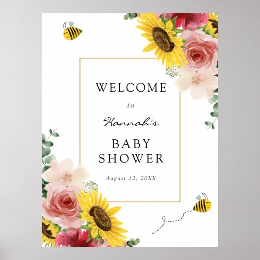 Zonnebloemen, Rozen en Bijen Baby Shower Welkom Poster (Voorkant)