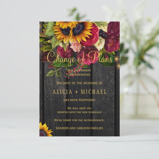 Zonnebloemen rozen FOTO trouwplannen gewijzigd Save The Date (Staand voorkant)