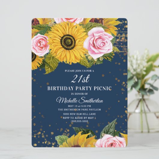 Zonnebloemen Rozen Gold Glitter 21ste verjaardag I Kaart (Staand voorkant)