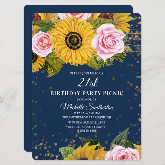 Zonnebloemen Rozen Gold Glitter 21ste verjaardag I Kaart (Voorkant / Achterkant)