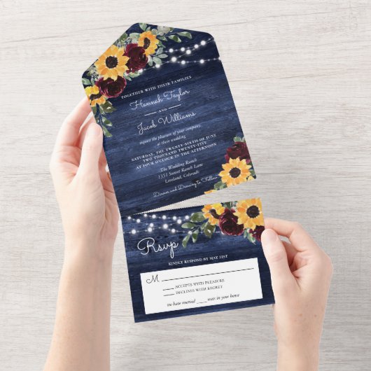 Zonnebloemen Rozen Landelijk Marineblauw Houten Br All In One Uitnodiging (Afscheurbaar)