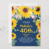 Zonnebloemen Rozen Navy Blue 40th Birthday Kaart (Voorkant)