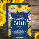 Zonnebloemen Rozen Navy Blue 50th Birthday Kaart<br><div class="desc">Helder gekleurde zonnebloemen en roze rozen op uitnodiging van blauw marineverslag voor de 50ste verjaardag van de vrouw. De tekst is klantgericht voor om het even welke leeftijd. Dit zou mooi zijn voor een verjaardagspicknick of een achtertuin feest. Neem contact met mij op als ik u kan helpen met aanpassingen...</div>