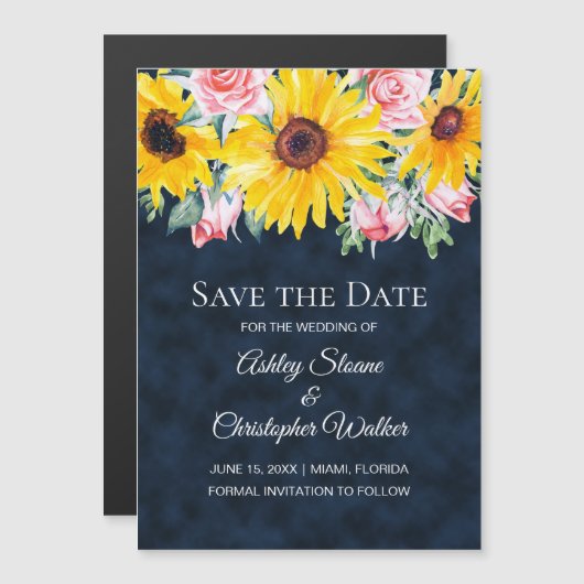 Zonnebloemen Rozen Navy Blue Wedding Save Date (Voorkant / Achterkant)