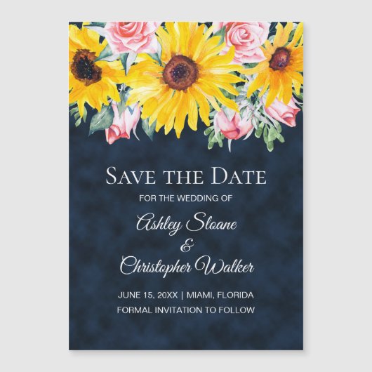 Zonnebloemen Rozen Navy Blue Wedding Save Date (Voorkant)