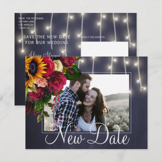 Zonnebloemen rozen verplaatste nieuwe datum bruilo aankondigingskaart (Voorkant / Achterkant)