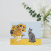Zonnebloemen - Russische blauwe kat Briefkaart (Staand voorkant)