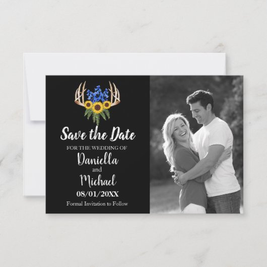 Zonnebloemen Rustic Antlers Floral Wedding Save The Date (Voorkant)
