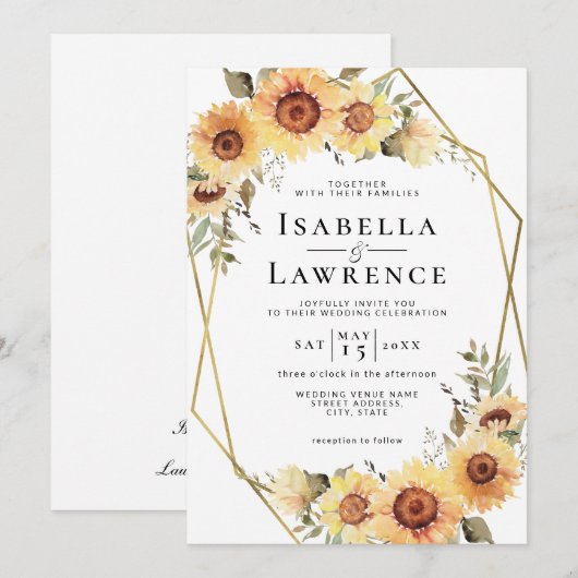 Zonnebloemen Rustic Boho Floral Gold Foil Wedding Kaart (Voorkant / Achterkant)