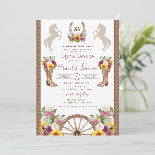 Zonnebloemen - Rustic Charro Quinceanera Invita Kaart (Staand voorkant)