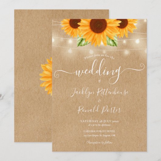 Zonnebloemen Rustic Kraft Wedding Kaart (Voorkant / Achterkant)