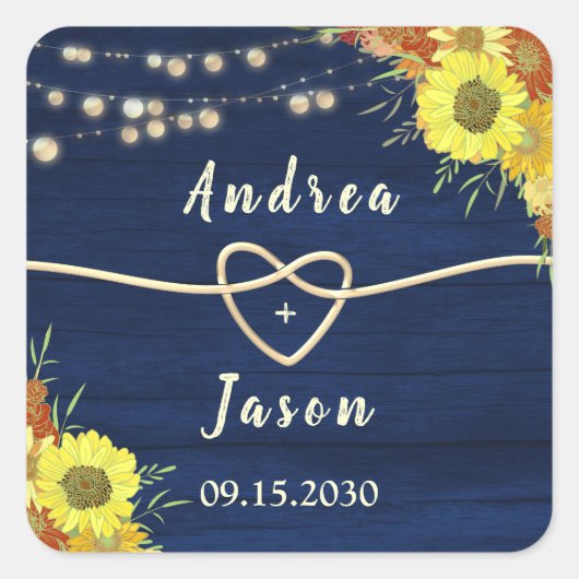 Zonnebloemen Rustic Navy Blue Wedding Favor Vierkante Sticker (Voorkant)