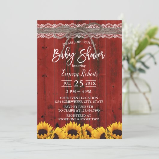 Zonnebloemen Rustic Red Barn Lace Baby shower Kaart (Staand voorkant)
