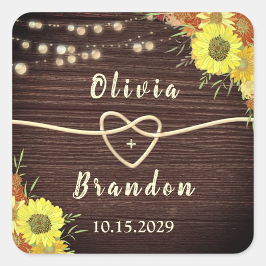 Zonnebloemen Rustic Wood Wedding Favor Vierkante Sticker (Voorkant)