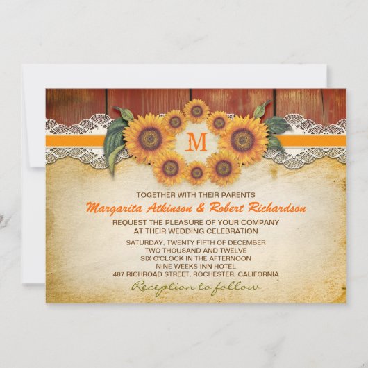 Zonnebloemen Rustic Wood Wedding Invitations Kaart (Voorkant)